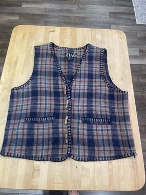 Vtg 90s At Last Sleeveless Vest Plaid Blend Wool Wood Toggle Buttons L Cabincore